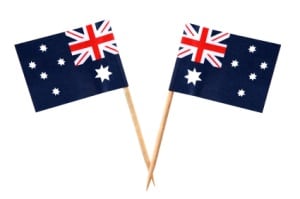 Australian flags on toothpicks, isolated on white.