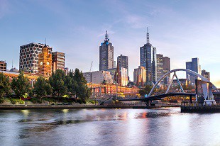 Melbourne, Australia, in early morning light. Yarra River, towards Flinders Street Station.